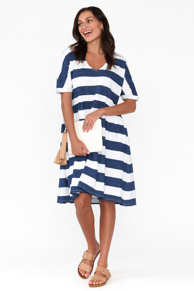 Portsea Blue Stripe Cotton Gather Dress thumbnail 2