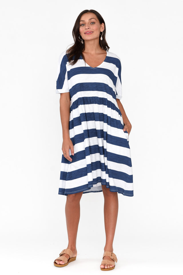 Portsea Blue Stripe Cotton Gather Dress thumbnail 6