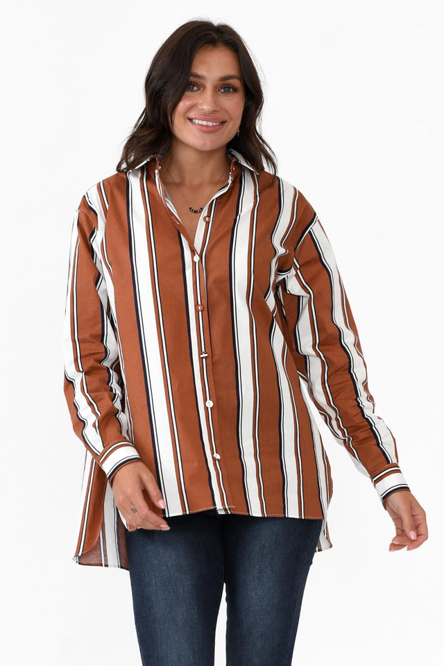 Pilar Tan Stripe Cotton Shirt neckline_V Neck  alt text|model:Brontie;wearing:S