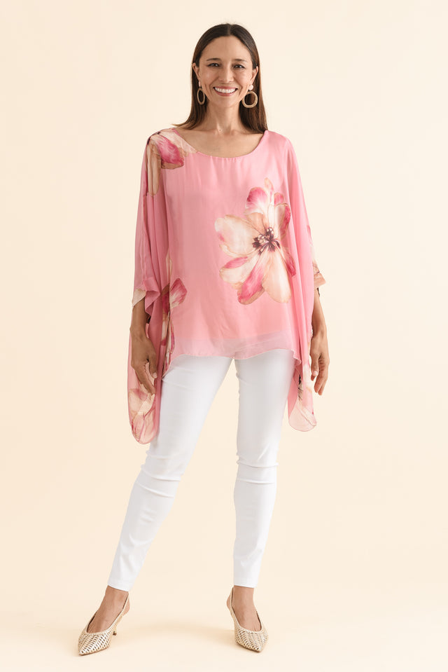 Posie Pink Flower Silk Overlay Top,Full Body,Brunette model,alt text|model:Cara image 2