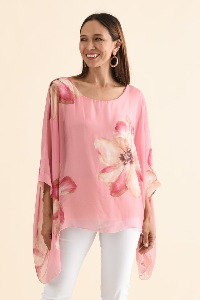 Posie Pink Flower Silk Overlay Top,Front,Brunette model,alt text|model:Cara image 1