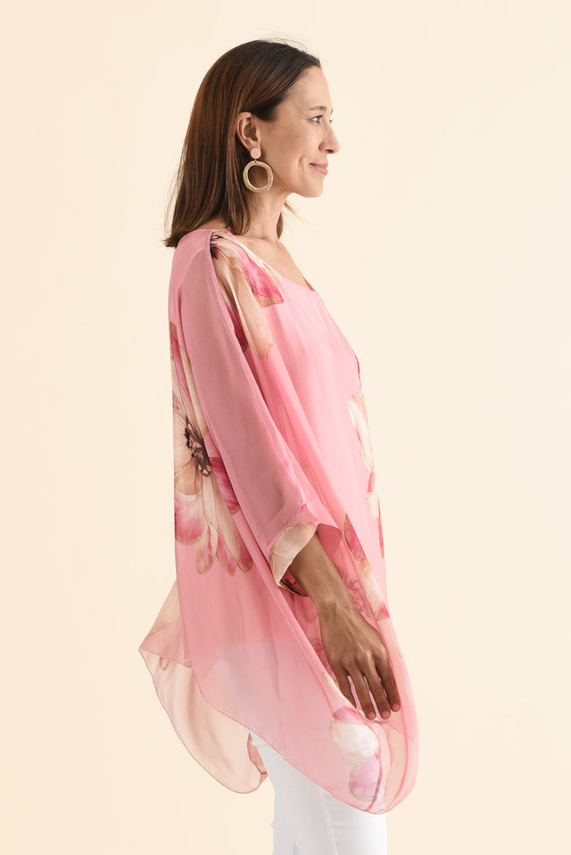 Posie Pink Flower Silk Overlay Top,Side,Brunette model,alt text|model:Cara image 3