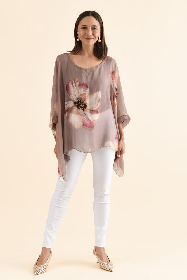 Posie Taupe Flower Silk Overlay Top,Full Body,Brunette model,alt text|model:Cara image 2