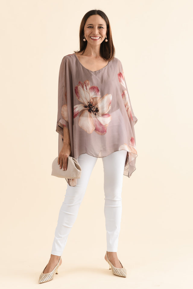 Posie Taupe Flower Silk Overlay Top,Full Body,Brunette model,alt text|model:Cara image 6