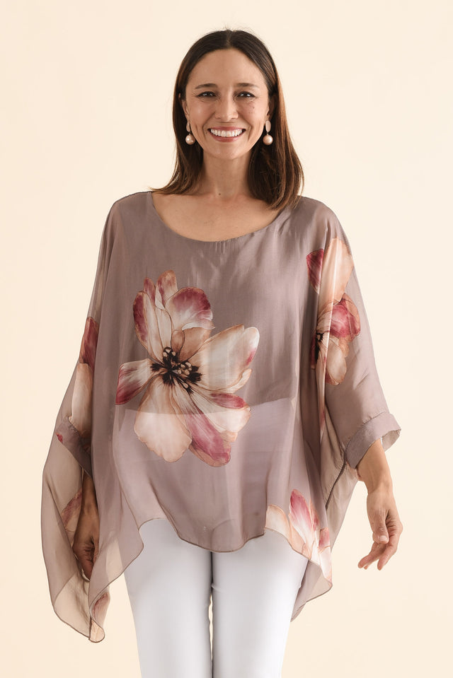 Posie Taupe Flower Silk Overlay Top,Front,Brunette model,alt text|model:Cara image 1