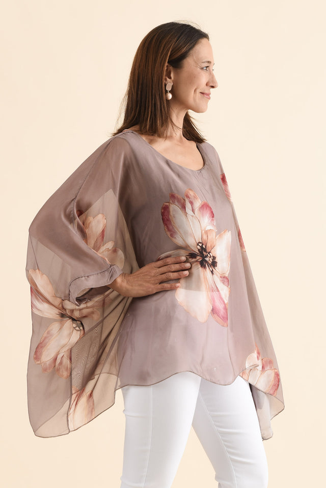 Posie Taupe Flower Silk Overlay Top,Side,Brunette model,alt text|model:Cara image 3