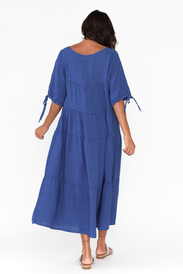 Prairie Cobalt Gathered Linen Dress