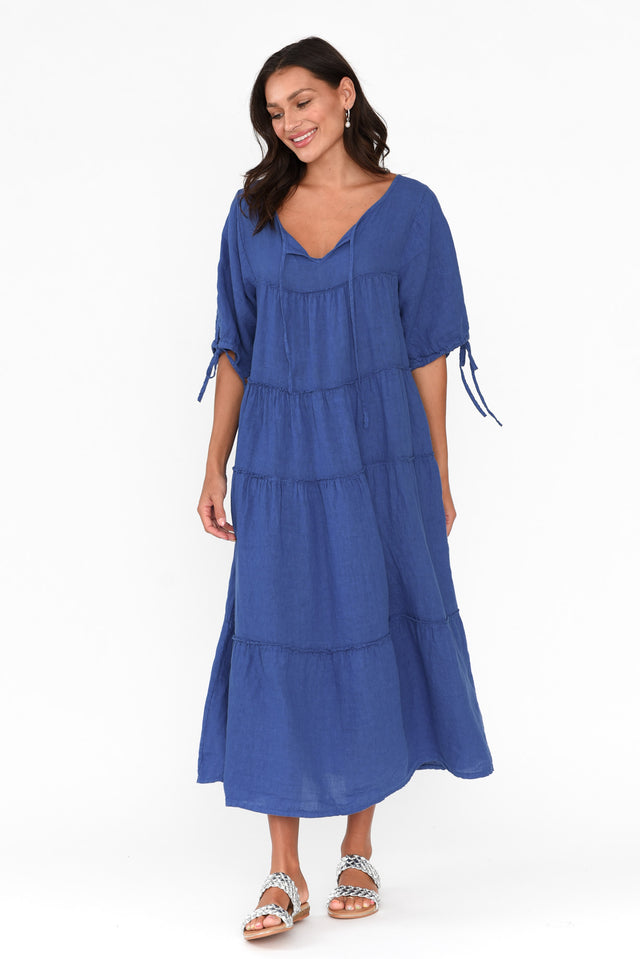 Prairie Cobalt Gathered Linen Dress