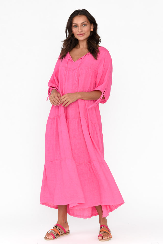 Prairie Hot Pink Gathered Linen Dress