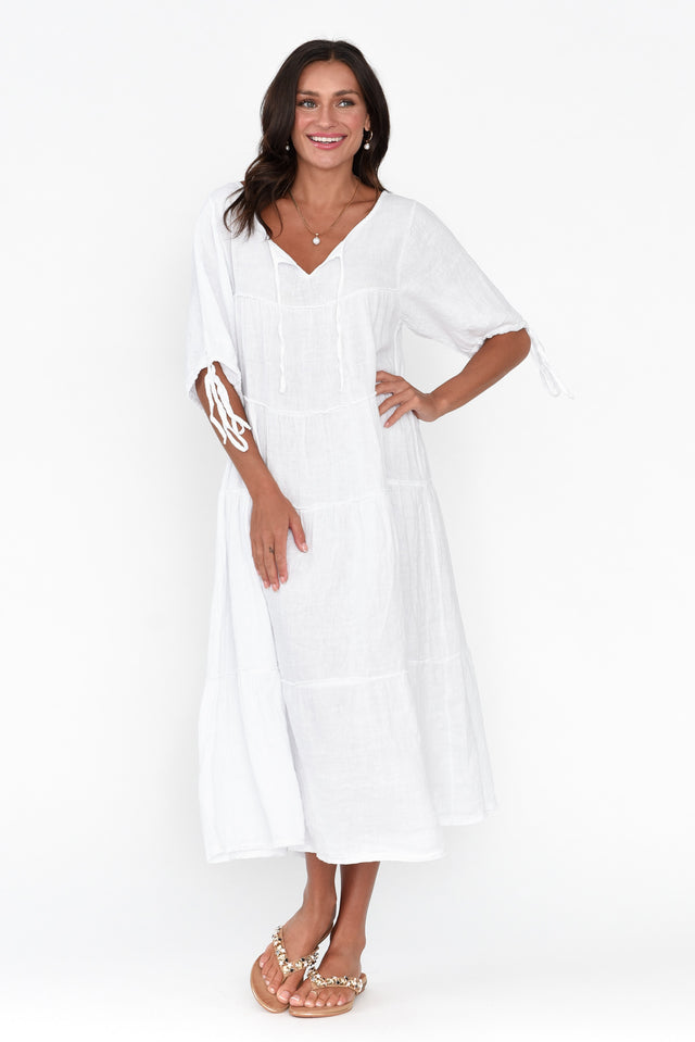 Prairie White Gathered Linen Dress image 3