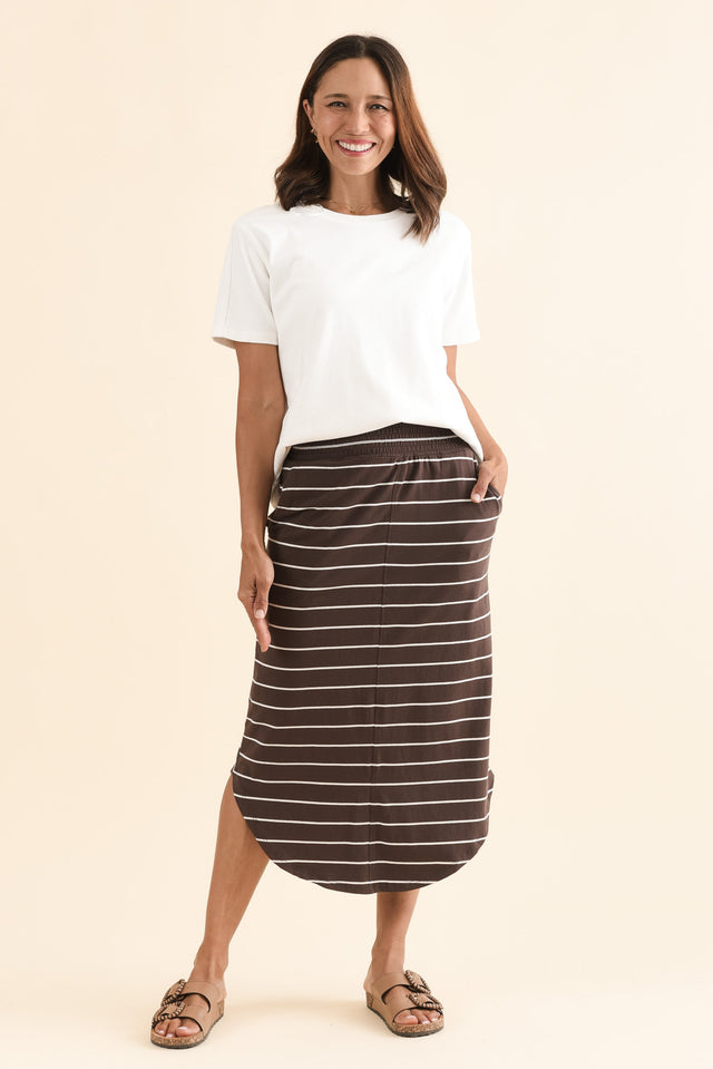 Presley Dark Brown Stripe Cotton Shirred Skirt,Full Body,Brunette model,alt text|model:Cara image 2
