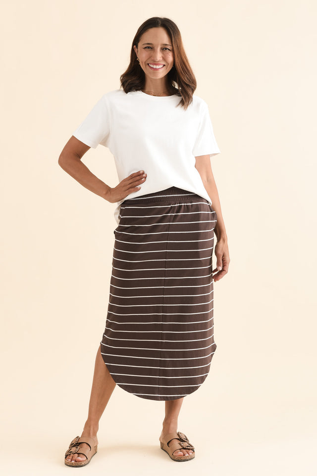 Presley Dark Brown Stripe Cotton Shirred Skirt,Full Body,Brunette model,alt text|model:Cara image 6