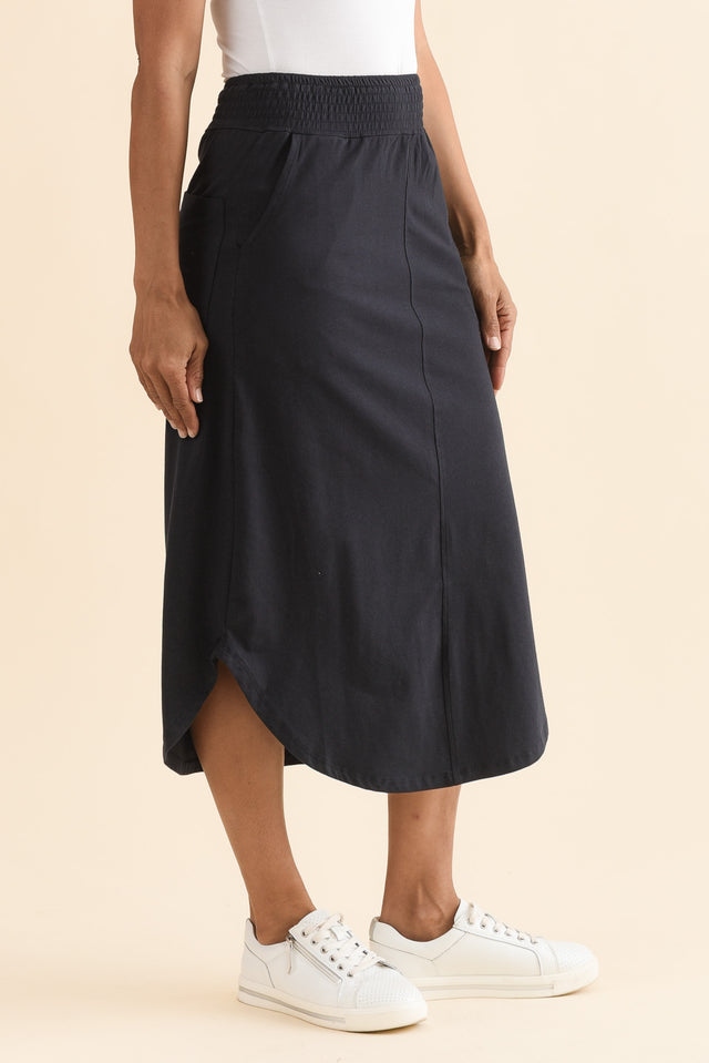 Presley Navy Cotton Shirred Skirt,Side,Brunette model,alt text|model:Cara image 3