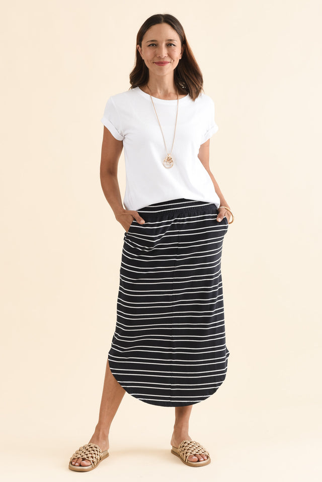 Presley Navy Stripe Cotton Shirred Skirt,Full Body,Brunette model,alt text|model:Cara image 6