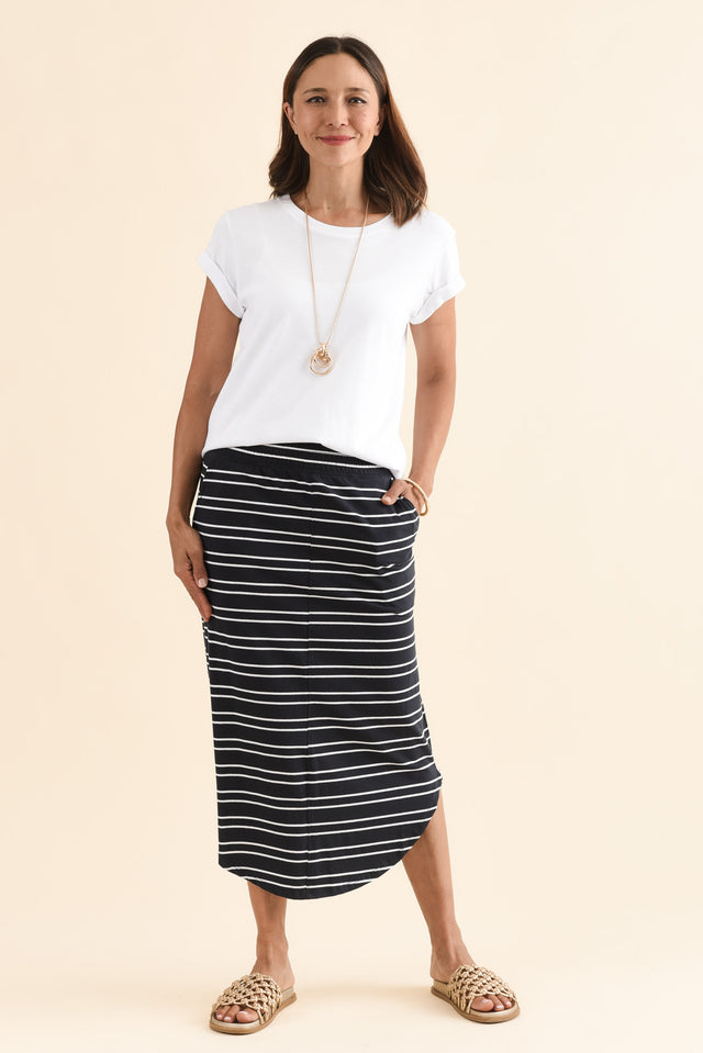 Presley Navy Stripe Cotton Shirred Skirt,Full Body,Brunette model,alt text|model:Cara image 2