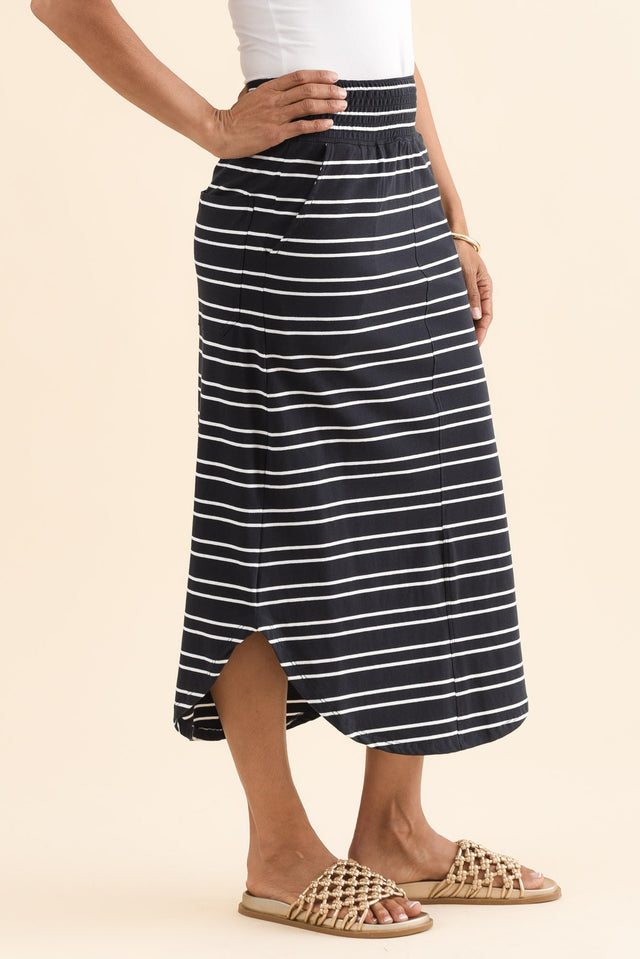 Presley Navy Stripe Cotton Shirred Skirt,Side,Brunette model,alt text|model:Cara image 3