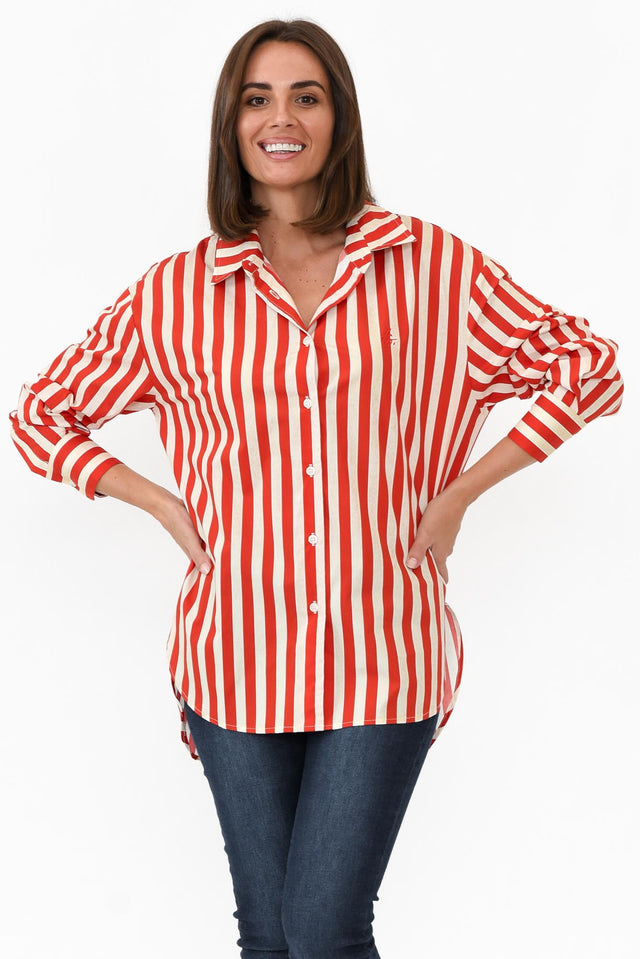Presley Red Stripe Cotton Poplin Shirt neckline_V Neck 