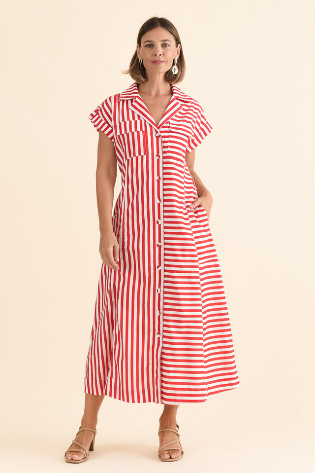 Preston Red Stripe Cotton Tie Dress,Front,Brunette model,alt text|model:Laura image 1
