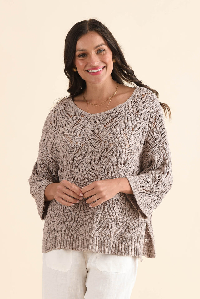 Prima Taupe Woven Top,Front,Brunette model,alt text|model:Brontie