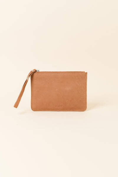 Queens Camel Leather Clutch