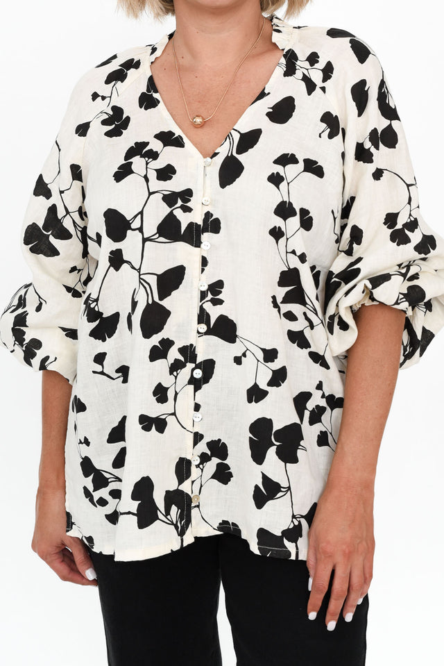 Quinby Black Floral Linen Puff Sleeve Shirt image 6