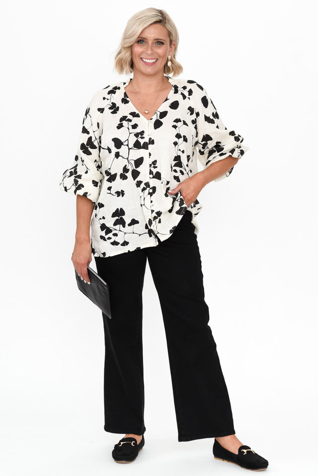 Quinby Black Floral Linen Puff Sleeve Shirt banner image
