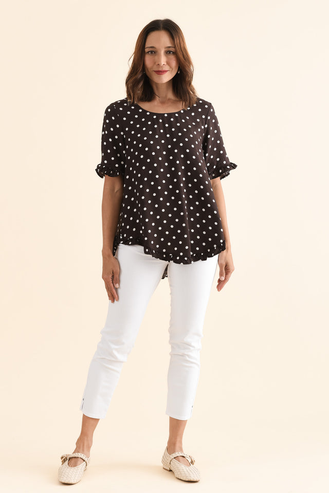 Quincy Brown Spot Ruffle Top,Full Body,Brunette model,alt text|model:Cara image 6