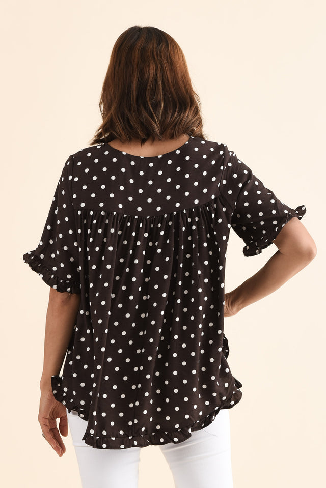 Quincy Brown Spot Ruffle Top,Back,Brunette model,alt text|model:Cara image 4