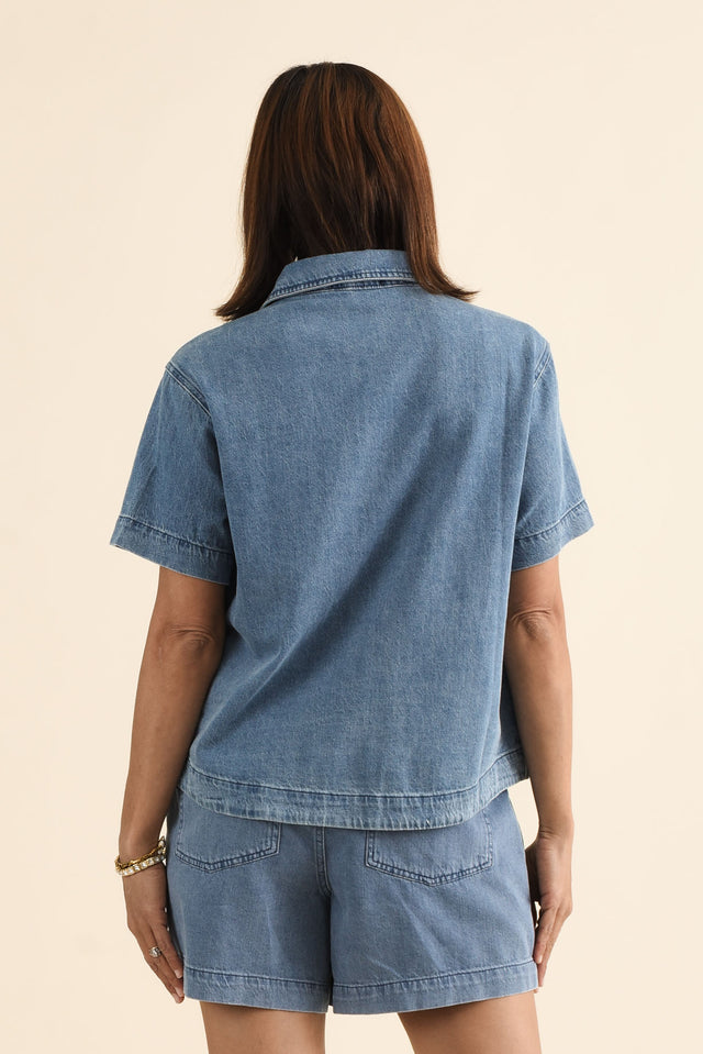 Quinn Blue Denim Collared Shirt,brunette model,Back of Outfit,alt text|model:Cara image 4