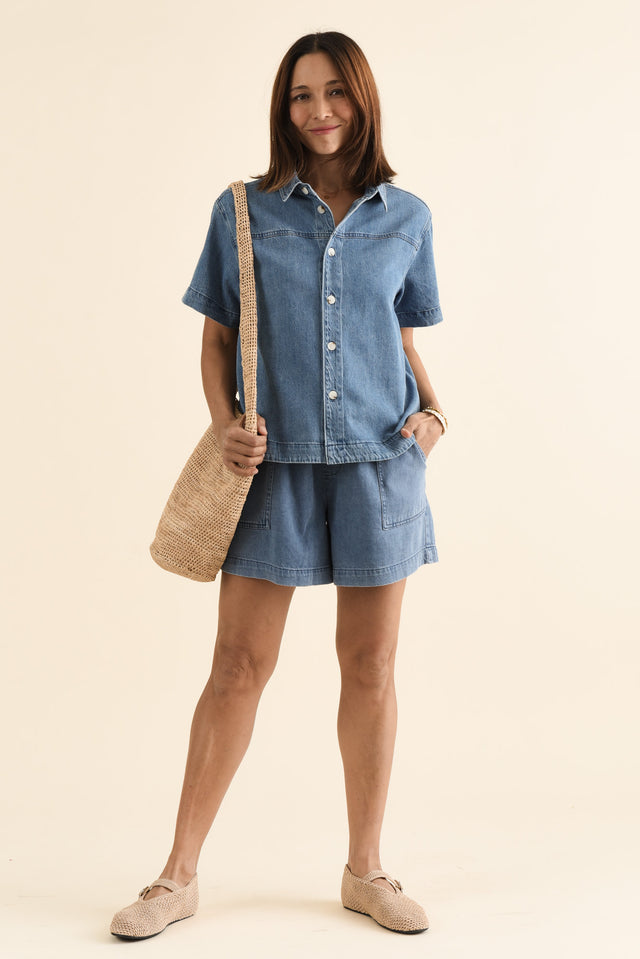 Quinn Blue Denim Collared Shirt,brunette model,Full Outfit,alt text|model:Cara image 2