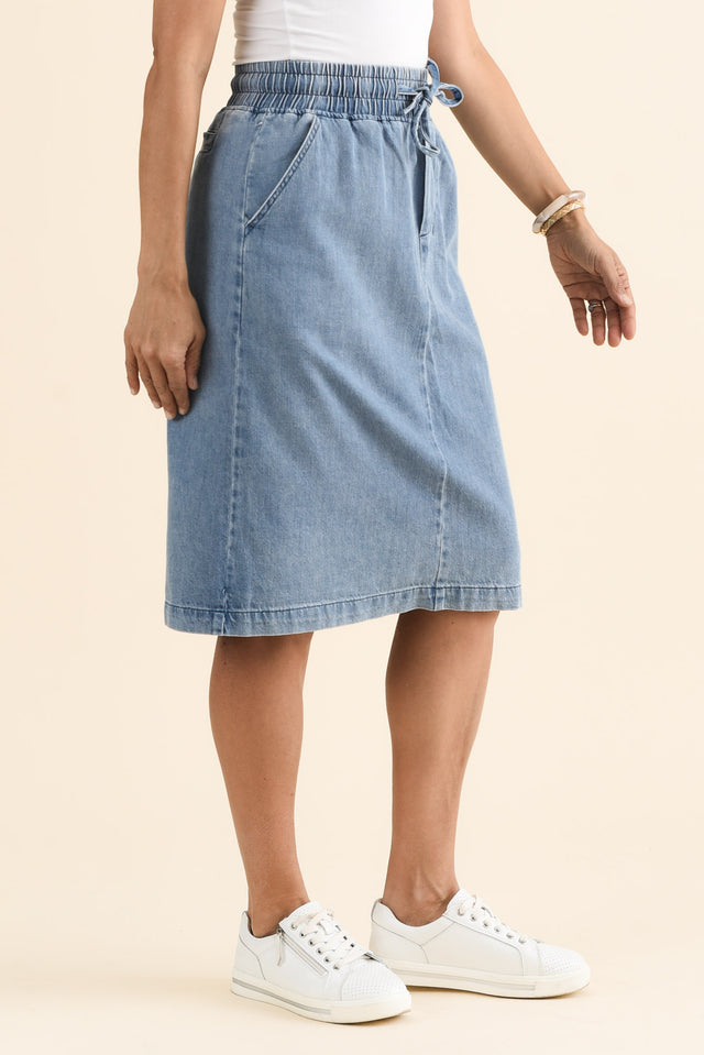 Quinn Blue Denim Drawstring Skirt,brunette model,Side of Outfit,alt text|model:Cara image 3