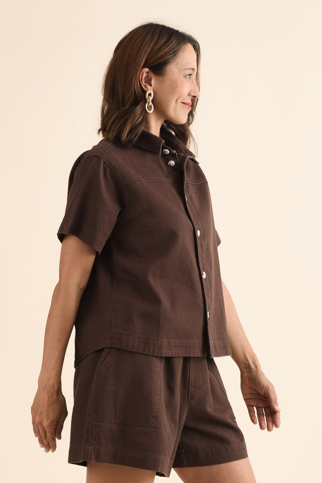 Quinn Chocolate Denim Collared Shirt,Side,Brunette model,alt text|model:Cara image 3