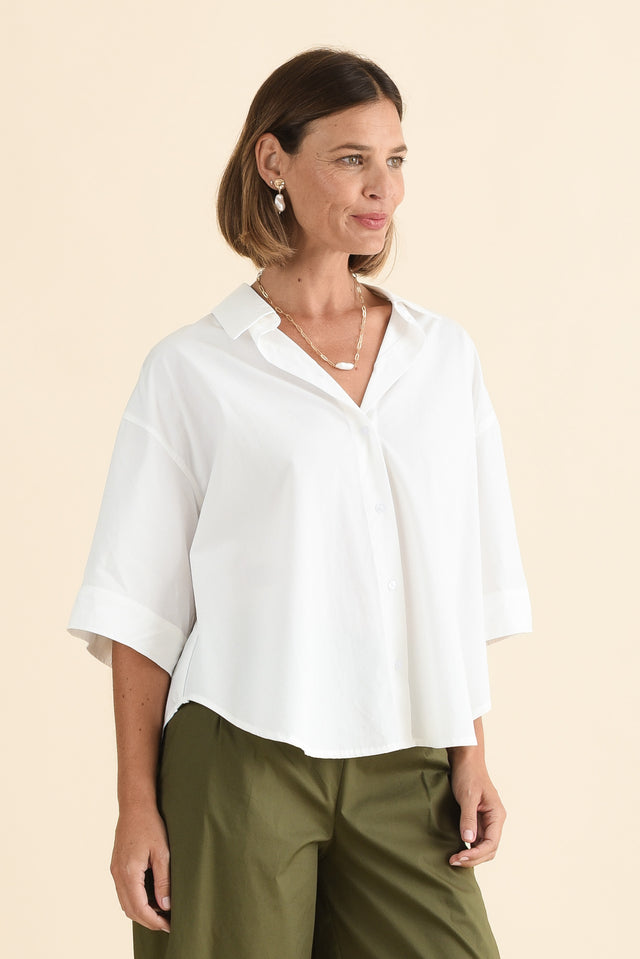 Rachel White Cotton Blend Shirt,Side,Brunette model,alt text|model:Laura image 3