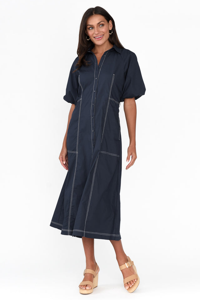 Ralphie Navy Cotton Contrast Stitch Dress