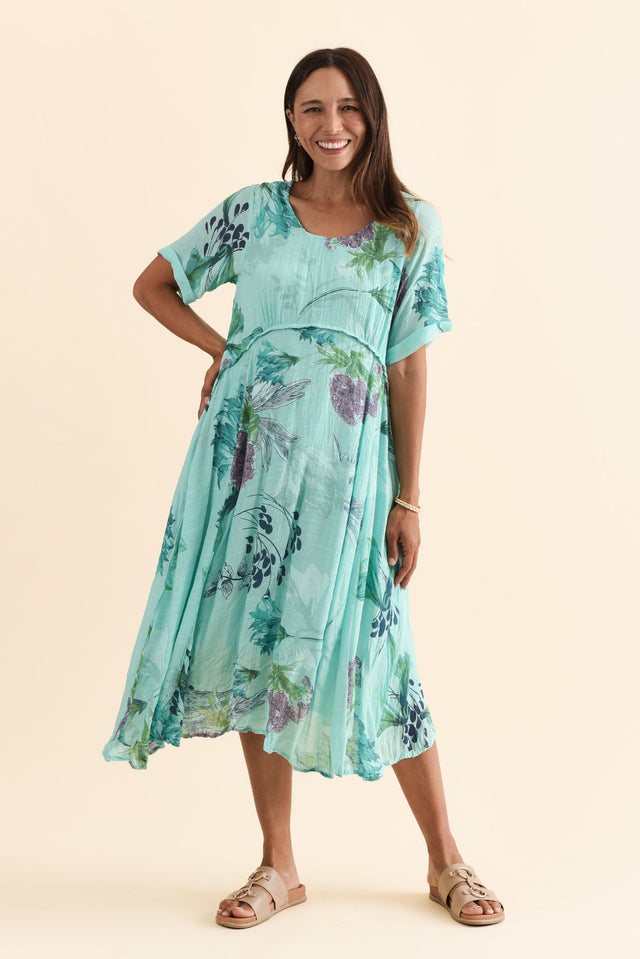 Ramona Blue Floral Cotton Blend Dress,Brunette model,alt text|model:Cara image 3