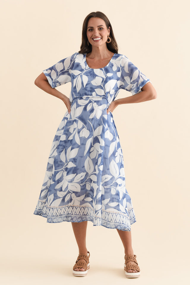Ramona Blue Leaf Cotton Blend Dress,Brunette model,alt text|model:MJ image 7