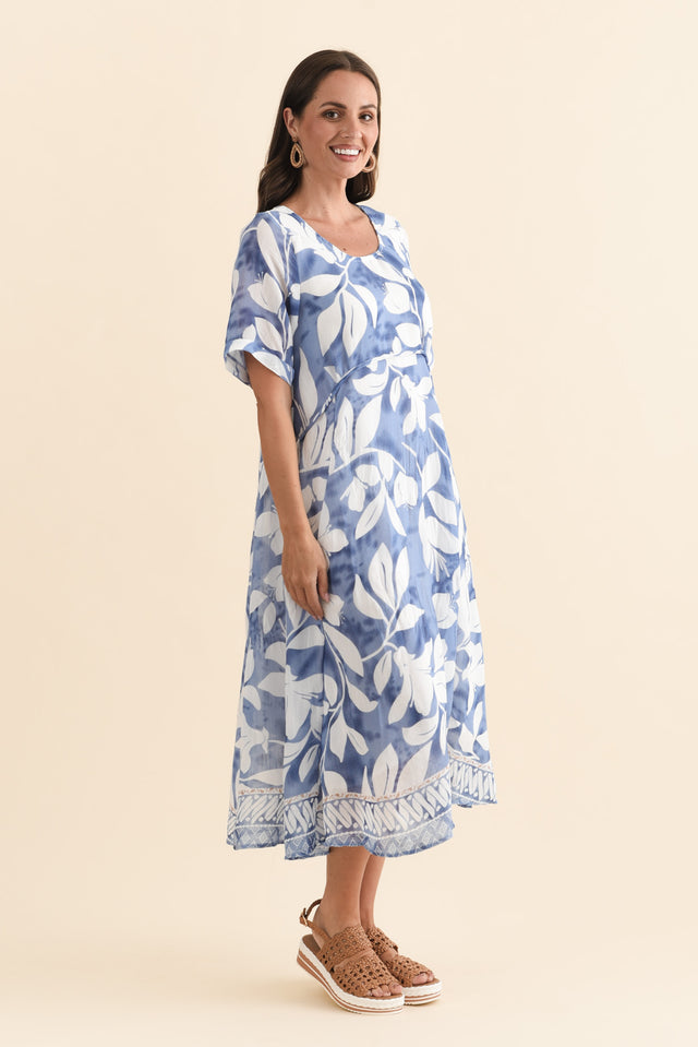 Ramona Blue Leaf Cotton Blend Dress,Brunette model,alt text|model:MJ image 4