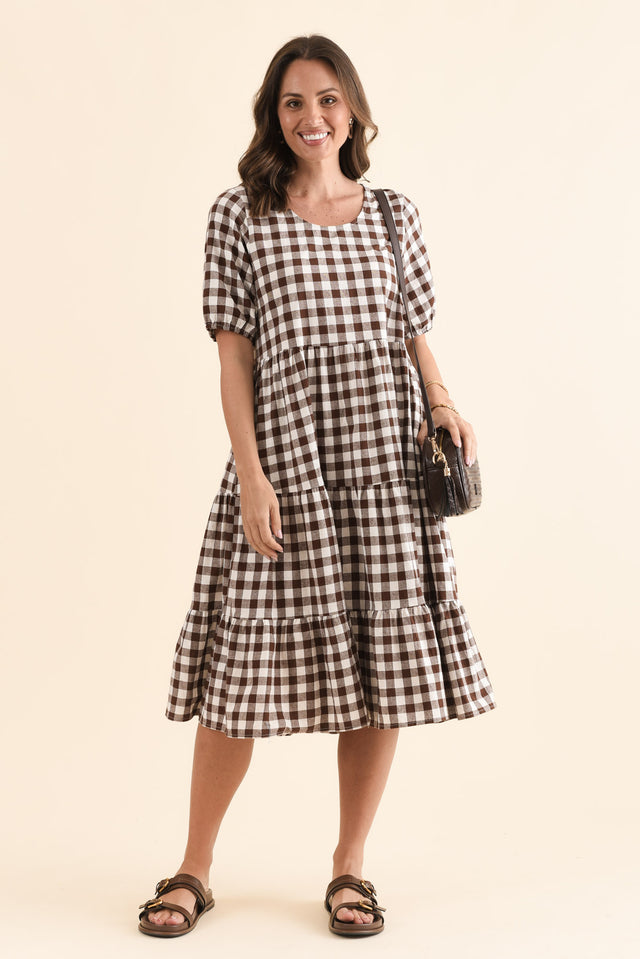 Ravenna Chocolate Check Cotton Dress,Front,Brunette model,alt text|model:MJ image 1