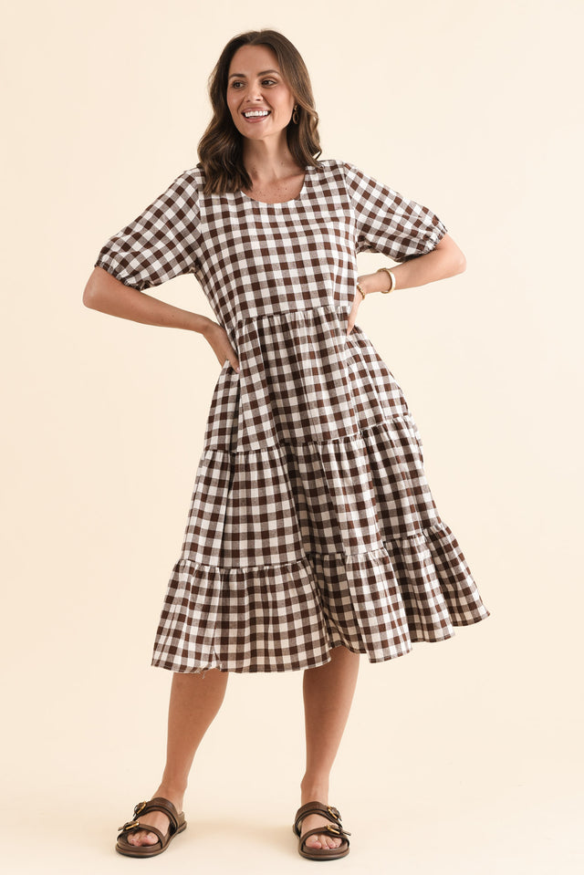 Ravenna Chocolate Check Cotton Dress,Full Body,Brunette model,alt text|model:MJ image 2