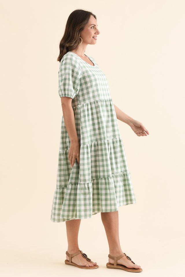 Ravenna Sage Check Cotton Dress,Side,Brunette model,alt text|model:MJ image 3
