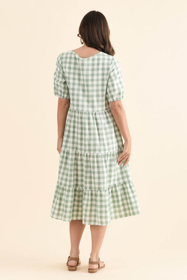 Ravenna Sage Check Cotton Dress,Back,Brunette model,alt text|model:MJ image 4