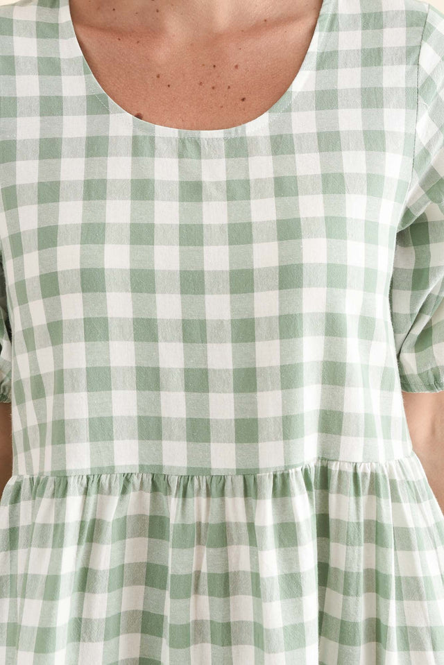 Ravenna Sage Check Cotton Dress,Detail,Brunette model,alt text|model:MJ image 5