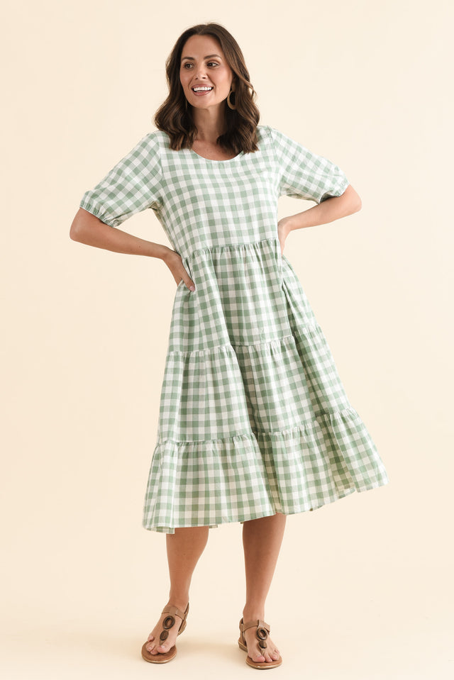 Ravenna Sage Check Cotton Dress,Full Body,Brunette model,alt text|model:MJ image 6