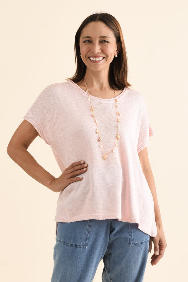 Rawlins Pink Cotton Knit Top,brunette model,Front of Outfit,alt text|model:Cara image 1