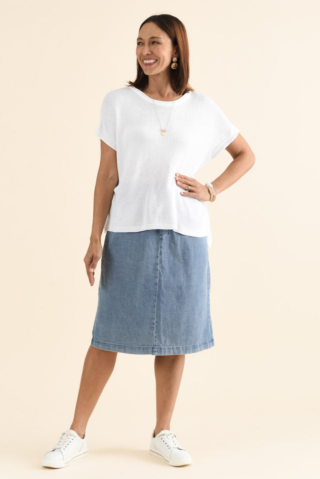 Quinn Blue Denim Drawstring Skirt,brunette model,Full Outfit,alt text|model:Cara image 2