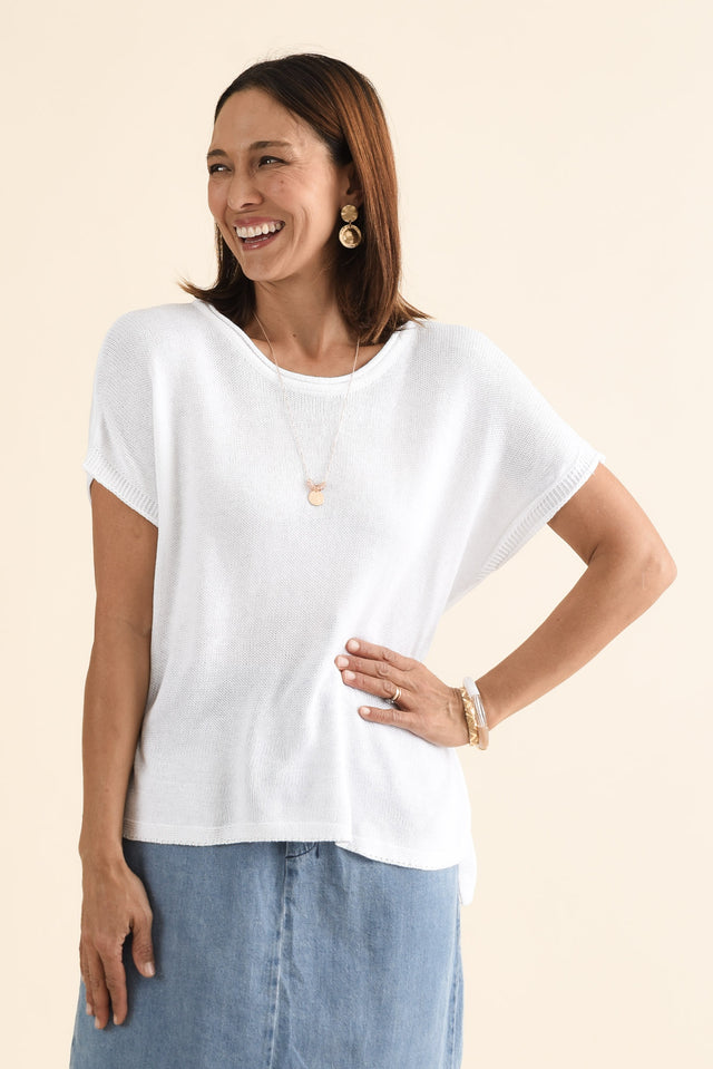 Rawlins White Cotton Knit Top,brunette model,Front of Outfit,alt text|model:Cara image 1