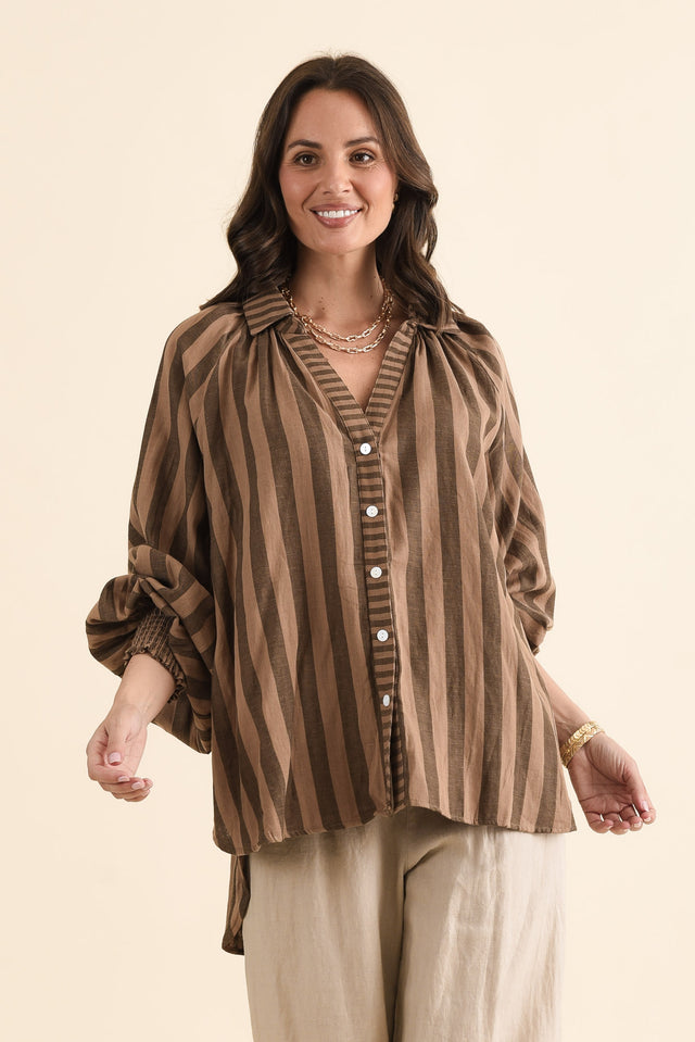 Raya Chocolate Stripe Cotton Shirt,brunette model,Front of Outfit,alt text|model:MJ image 1