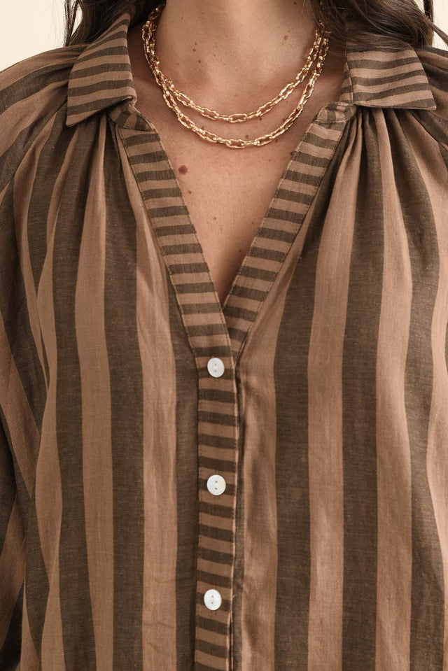 Raya Chocolate Stripe Cotton Shirt,brunette model,Close up of outfit,alt text|model:MJ image 5