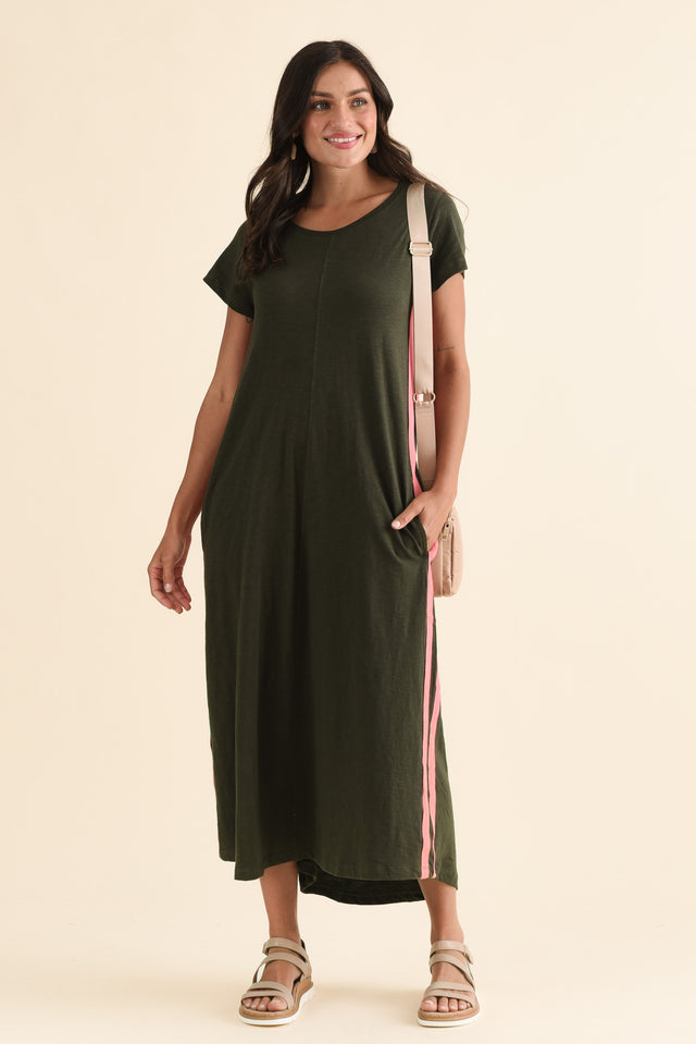 Recovery Khaki Trim Cotton Dress,Front,Brunette model,alt text|model:Brontie image 1