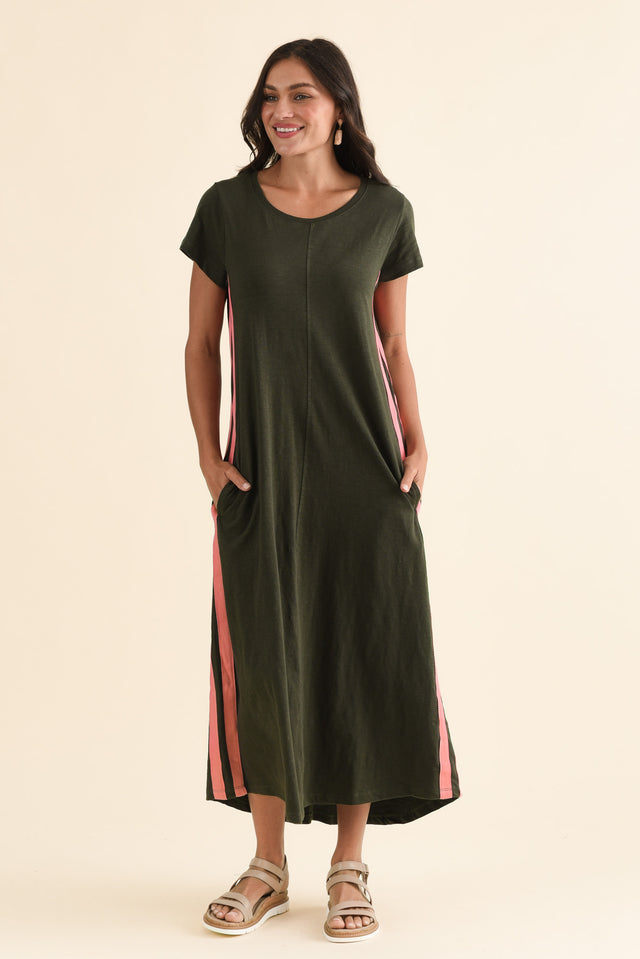 Recovery Khaki Trim Cotton Dress,Full Body,Brunette model,alt text|model:Brontie image 2